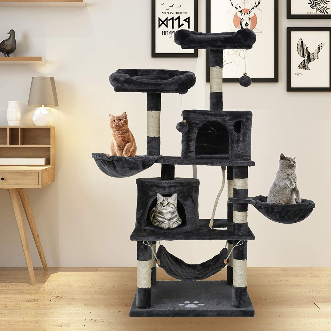 Large Indoor Cat Tree, Cat Tower, Cat Apartment, Cat Habitat, Multi-Level Cat Activity Center with Plush Balls