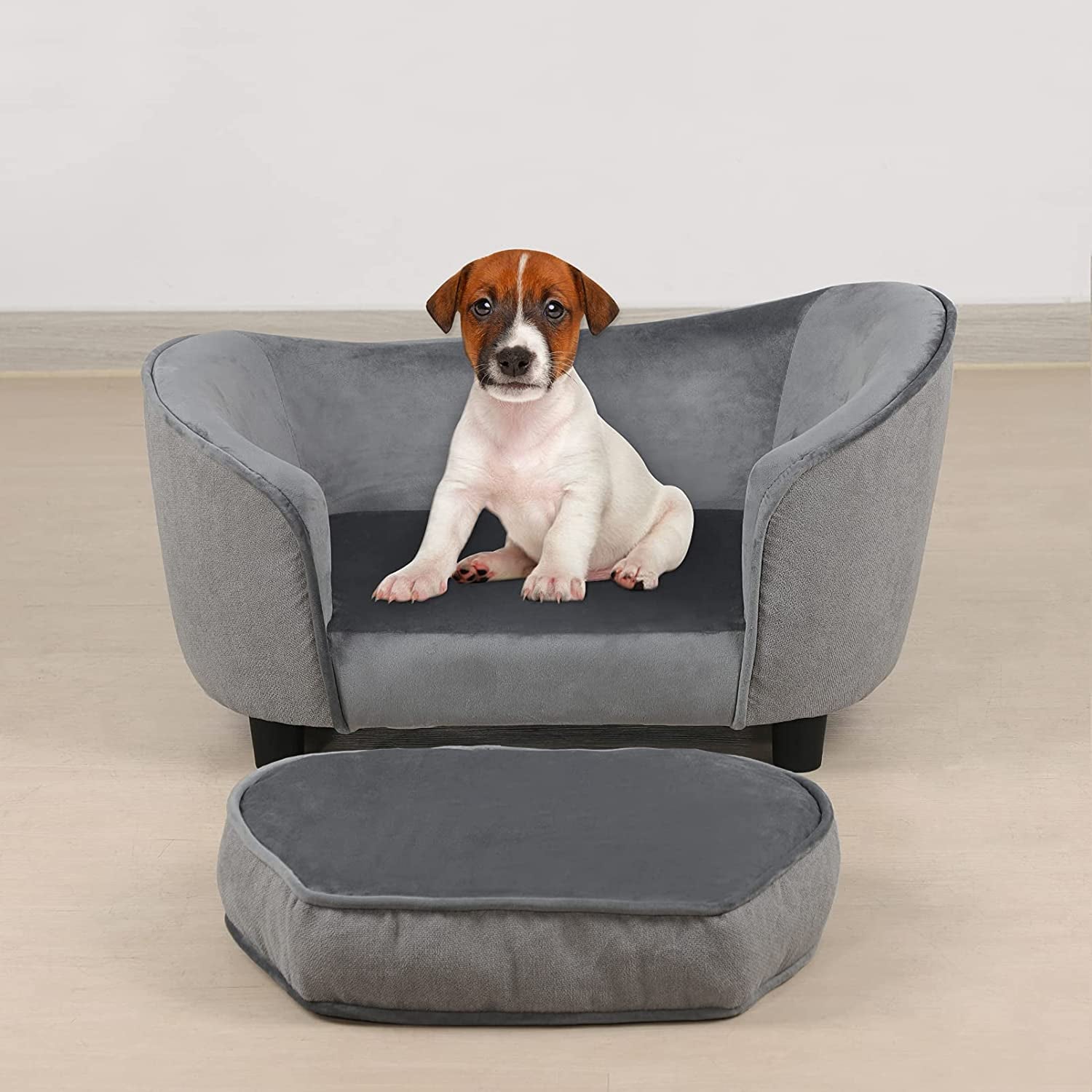 Pet Sofa Bed, Velvet &amp; Linen Fabric Pet Couch Chair with Removeable &amp; Washable Cushion for Small Dogs Cats (Light Gray)