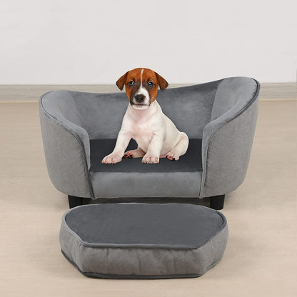 Pet Sofa Bed, Velvet &amp; Linen Fabric Pet Couch Chair with Removeable &amp; Washable Cushion for Small Dogs Cats (Light Gray)