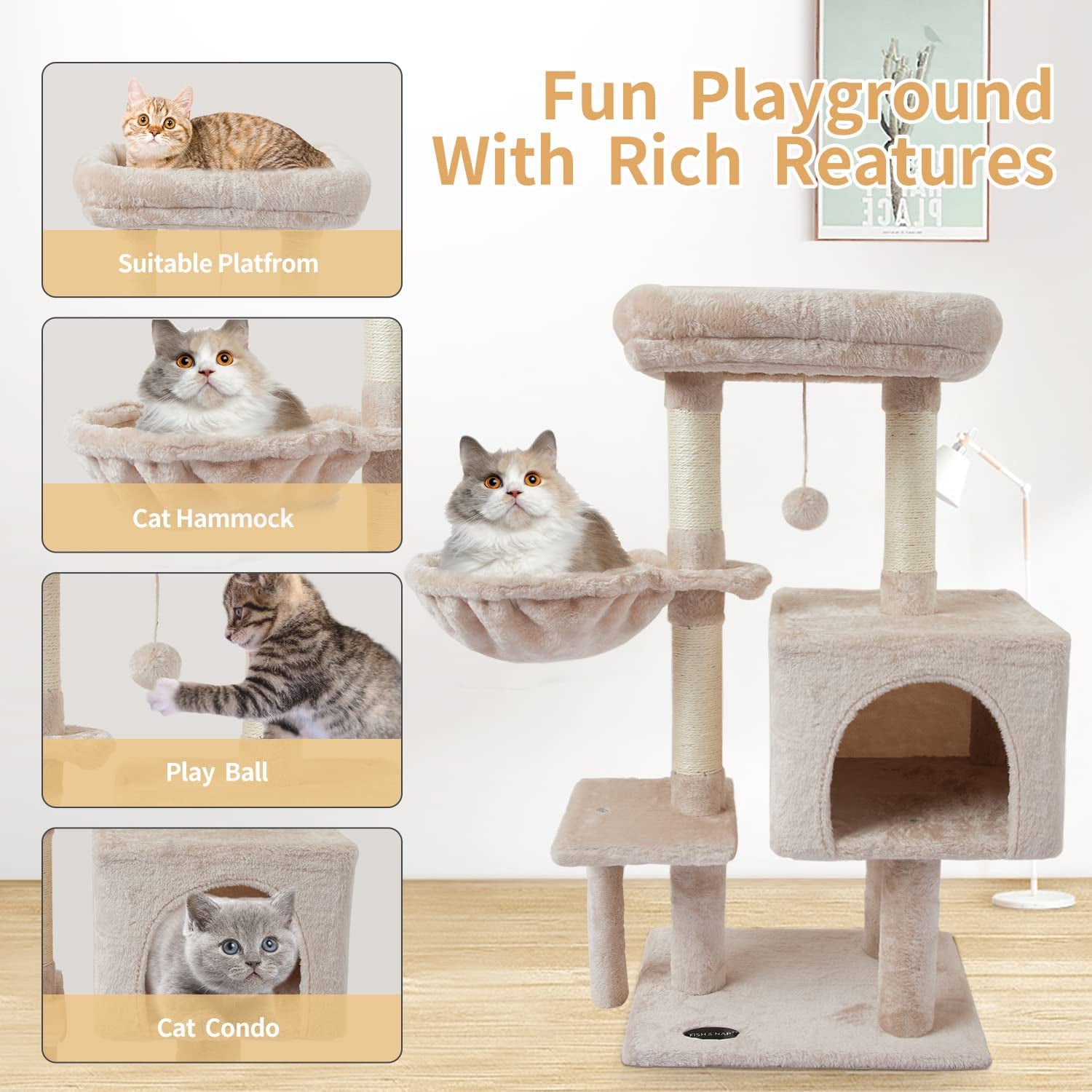 US09M Cute Cat Tree Kitten Cat Tower for Indoor Cat Condo Sisal Scratching Posts with Jump Platform Cat Furniture Activity Center Play House Beige