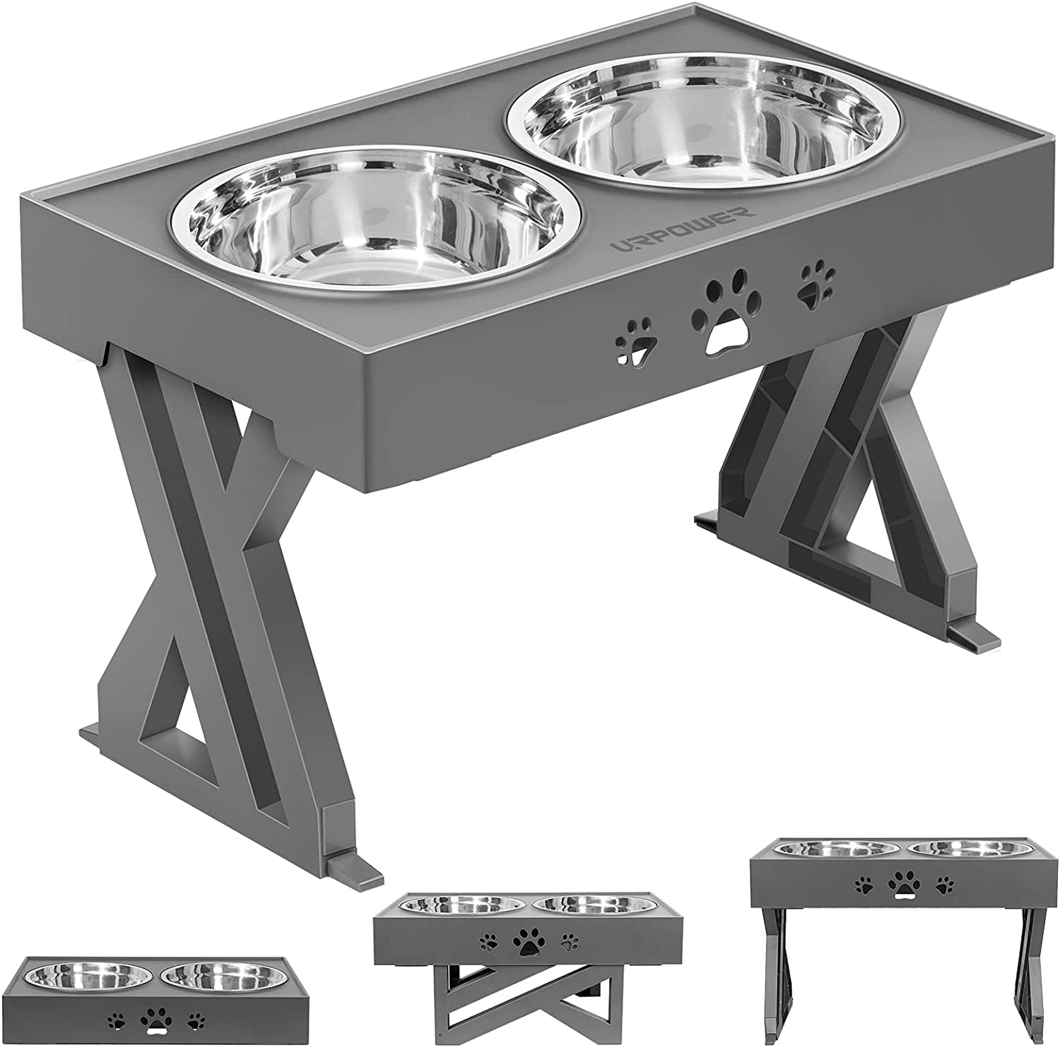 Elevated Dog Bowls Adjustable Raised Dog Bowl with 2 Stainless Steel 1.5L Dog Food Bowls Stand Non-Slip No Spill Dog Dish Adjusts to 3 Heights 2.8”, 8”, 12”For Small Medium Large Dogs and Pets