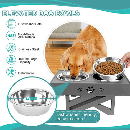 Elevated Dog Bowls Adjustable Raised Dog Bowl with 2 Stainless Steel 1.5L Dog Food Bowls Stand Non-Slip No Spill Dog Dish Adjusts to 3 Heights 2.8”, 8”, 12”For Small Medium Large Dogs and Pets