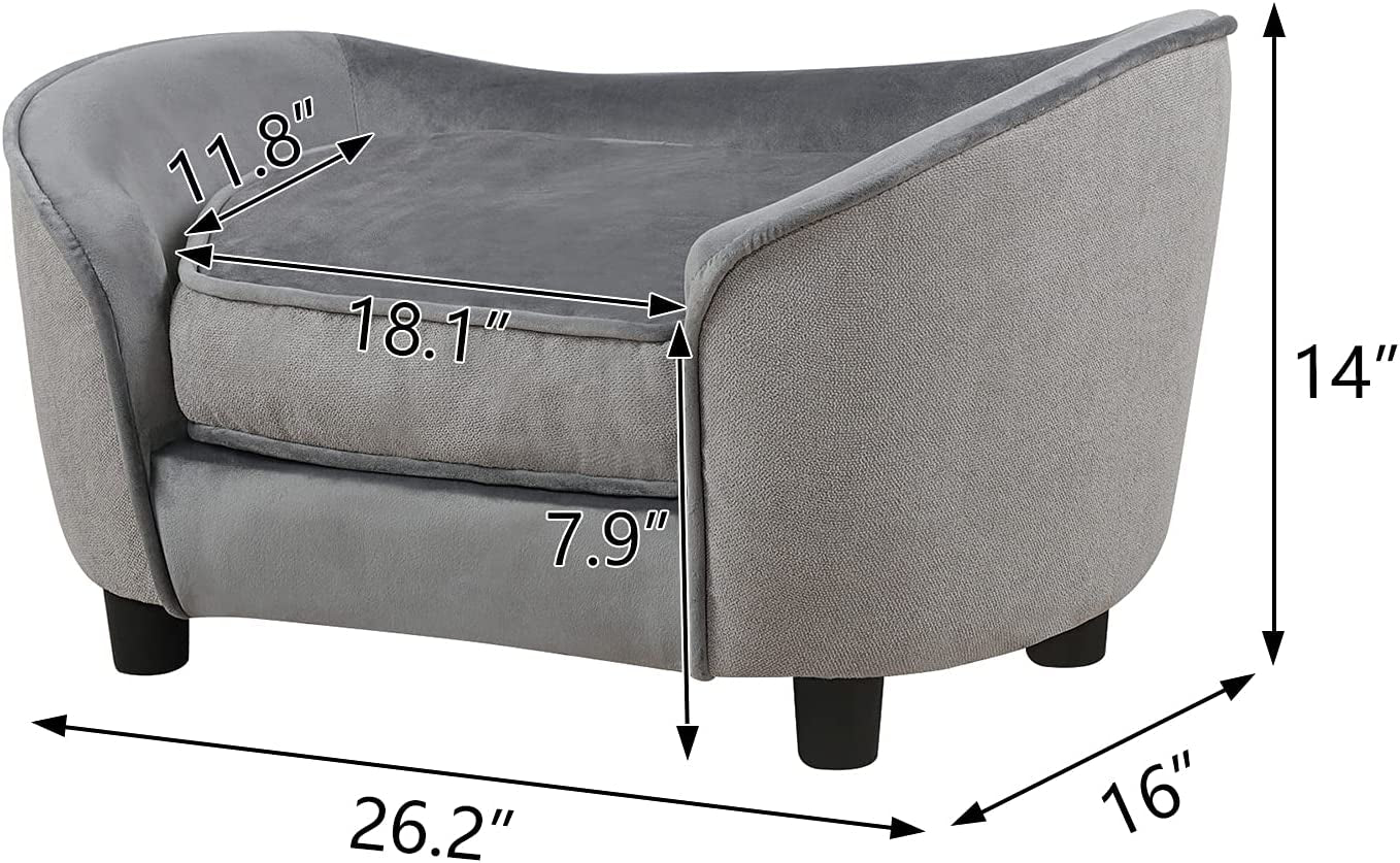 Pet Sofa Bed, Velvet &amp; Linen Fabric Pet Couch Chair with Removeable &amp; Washable Cushion for Small Dogs Cats (Light Gray)