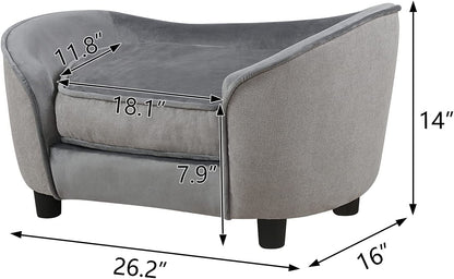 Pet Sofa Bed, Velvet &amp; Linen Fabric Pet Couch Chair with Removeable &amp; Washable Cushion for Small Dogs Cats (Light Gray)