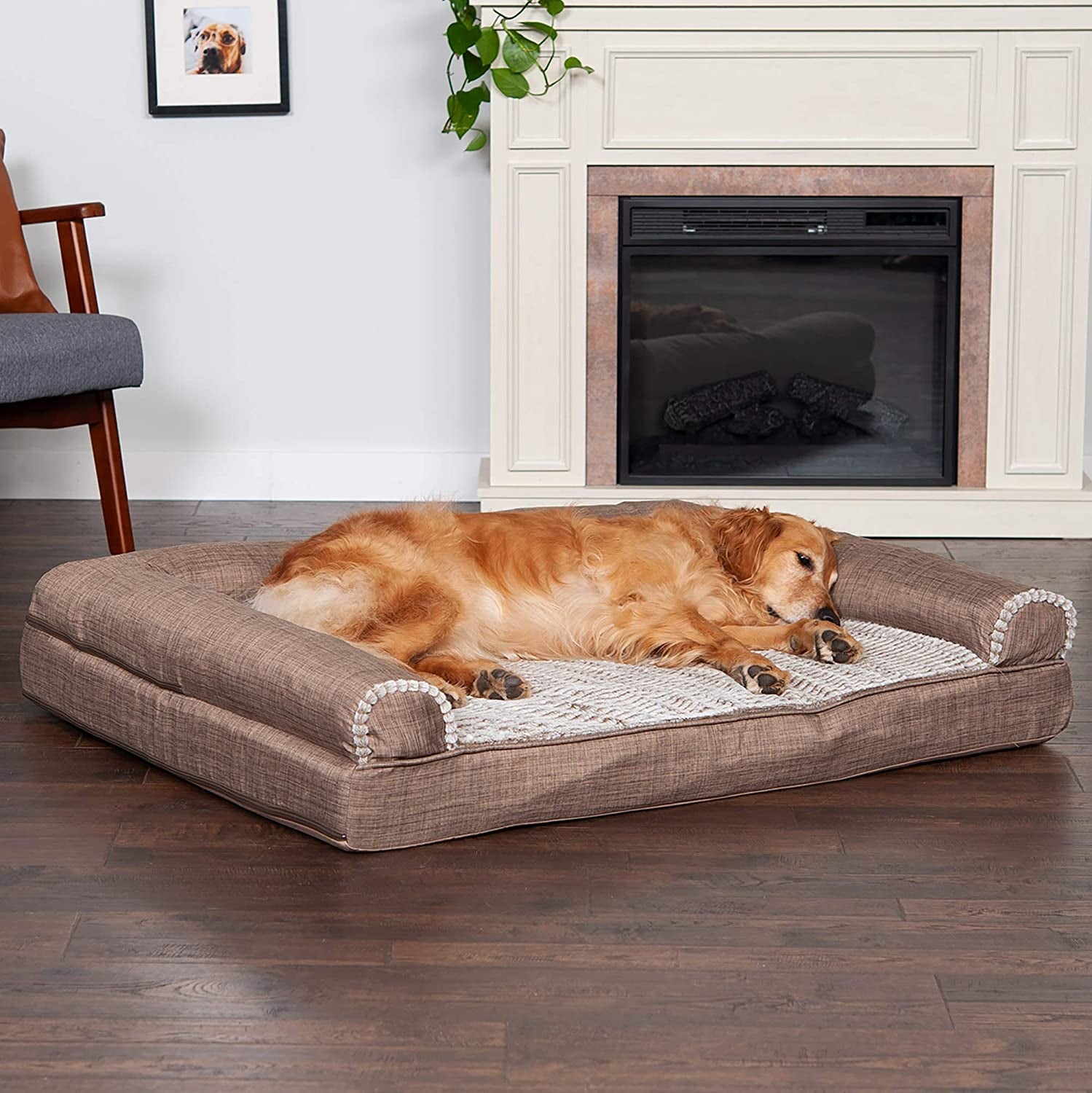 Orthopedic Dog Bed for Large Dogs W/ Removable Bolsters &amp; Washable Cover, for Dogs up to 95 Lbs - Luxe Faux Fur &amp; Performance Linen Sofa - Woodsmoke, Jumbo/Xl