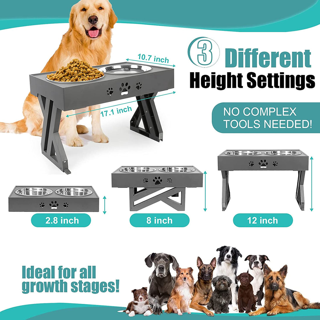 Elevated Dog Bowls Adjustable Raised Dog Bowl with 2 Stainless Steel 1.5L Dog Food Bowls Stand Non-Slip No Spill Dog Dish Adjusts to 3 Heights 2.8”, 8”, 12”For Small Medium Large Dogs and Pets