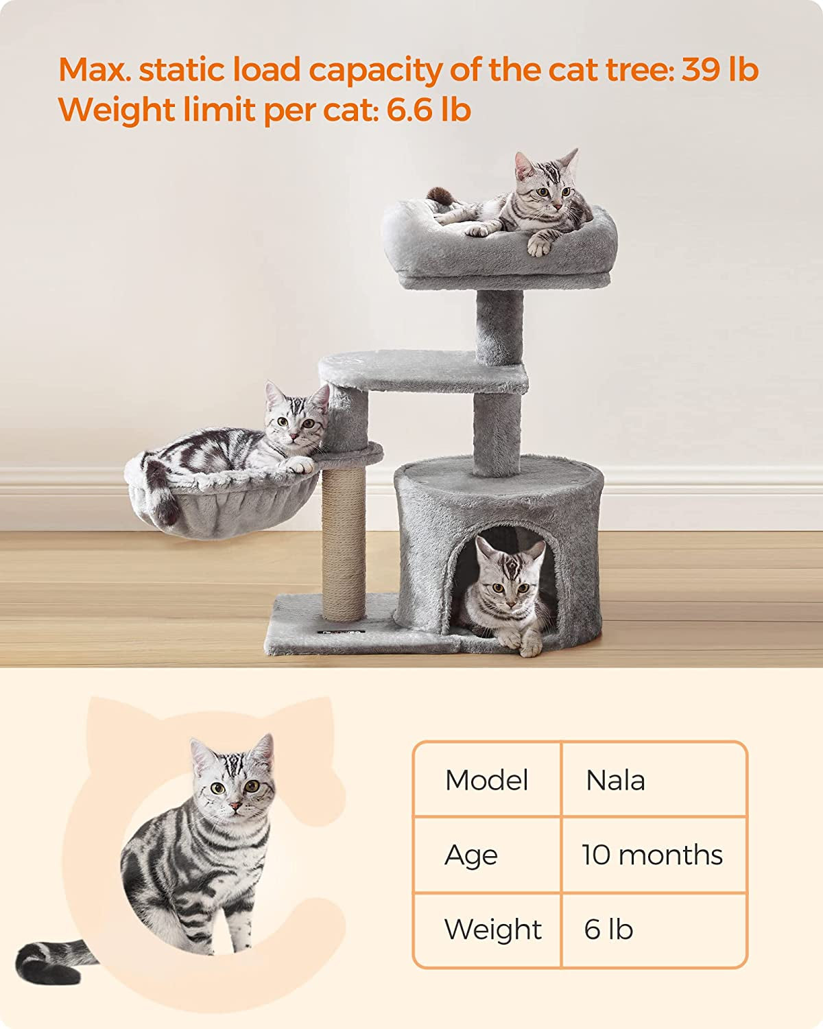 Cat Tree, Small Cat Tower, Cat Condo, Kitten Activity Center with Scratching Post, Basket, Cave, Light Gray UPCT59W