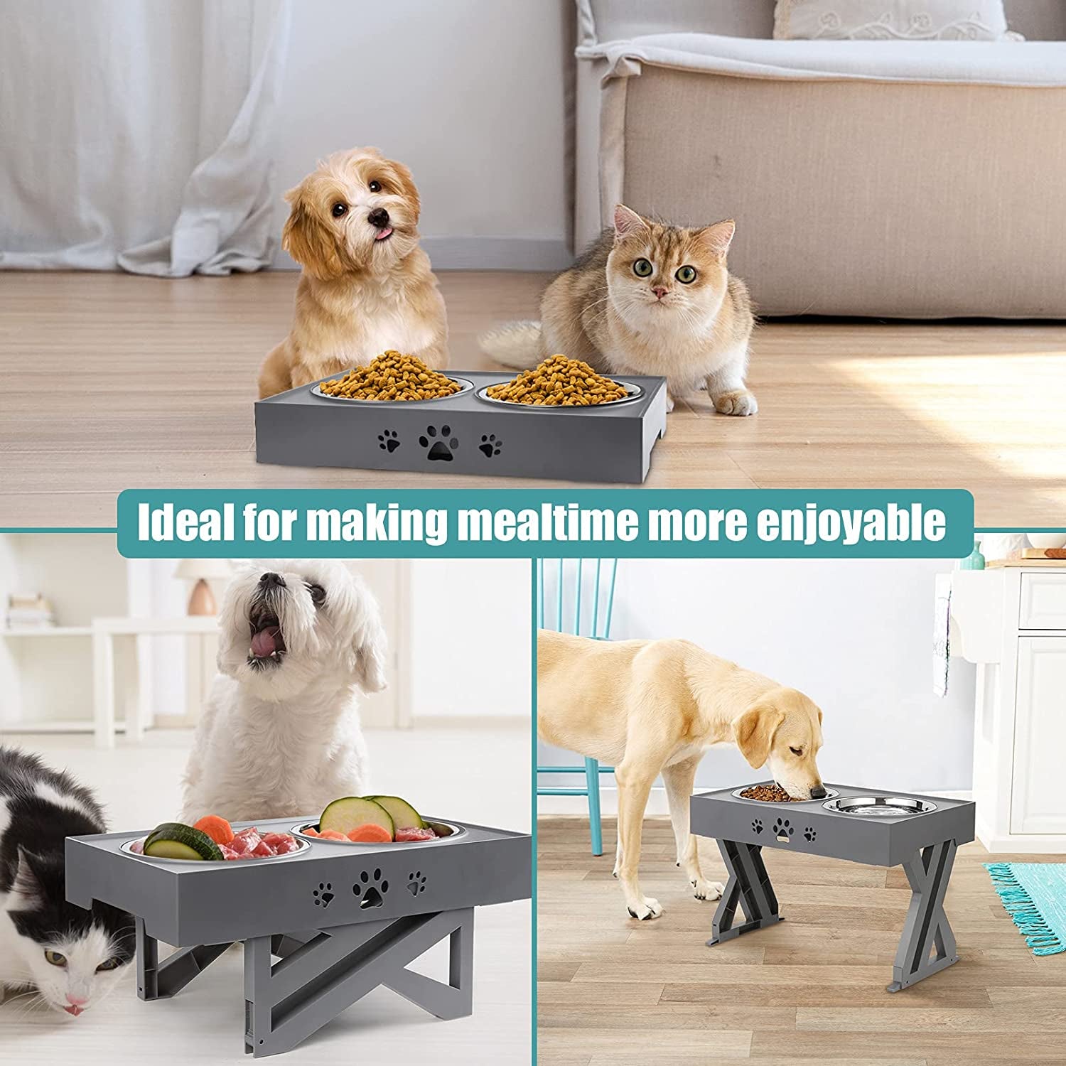 Elevated Dog Bowls Adjustable Raised Dog Bowl with 2 Stainless Steel 1.5L Dog Food Bowls Stand Non-Slip No Spill Dog Dish Adjusts to 3 Heights 2.8”, 8”, 12”For Small Medium Large Dogs and Pets